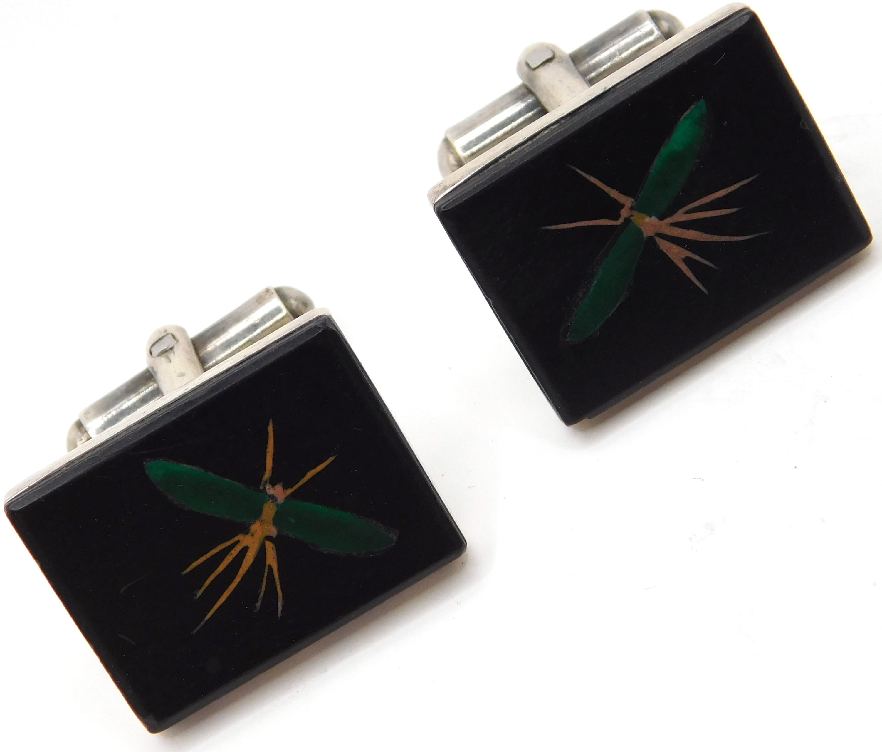 VINTAGE STERLING PIETRA DURA DRAGONFLY CUFFLINKS IN BLACK ONYX