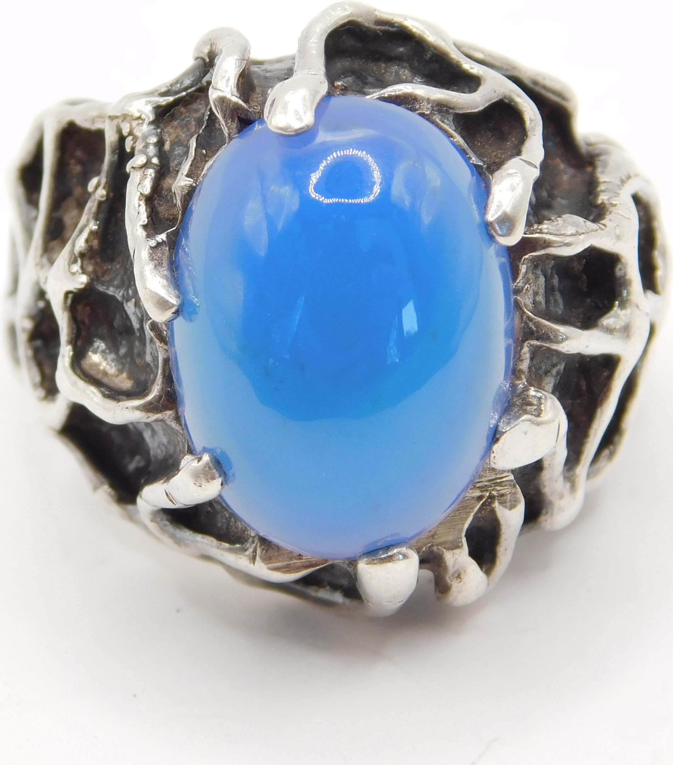 BRUTALIST STERLING SILVER RING WITH BLUE CHALCEDONY GLASS CABOCHON