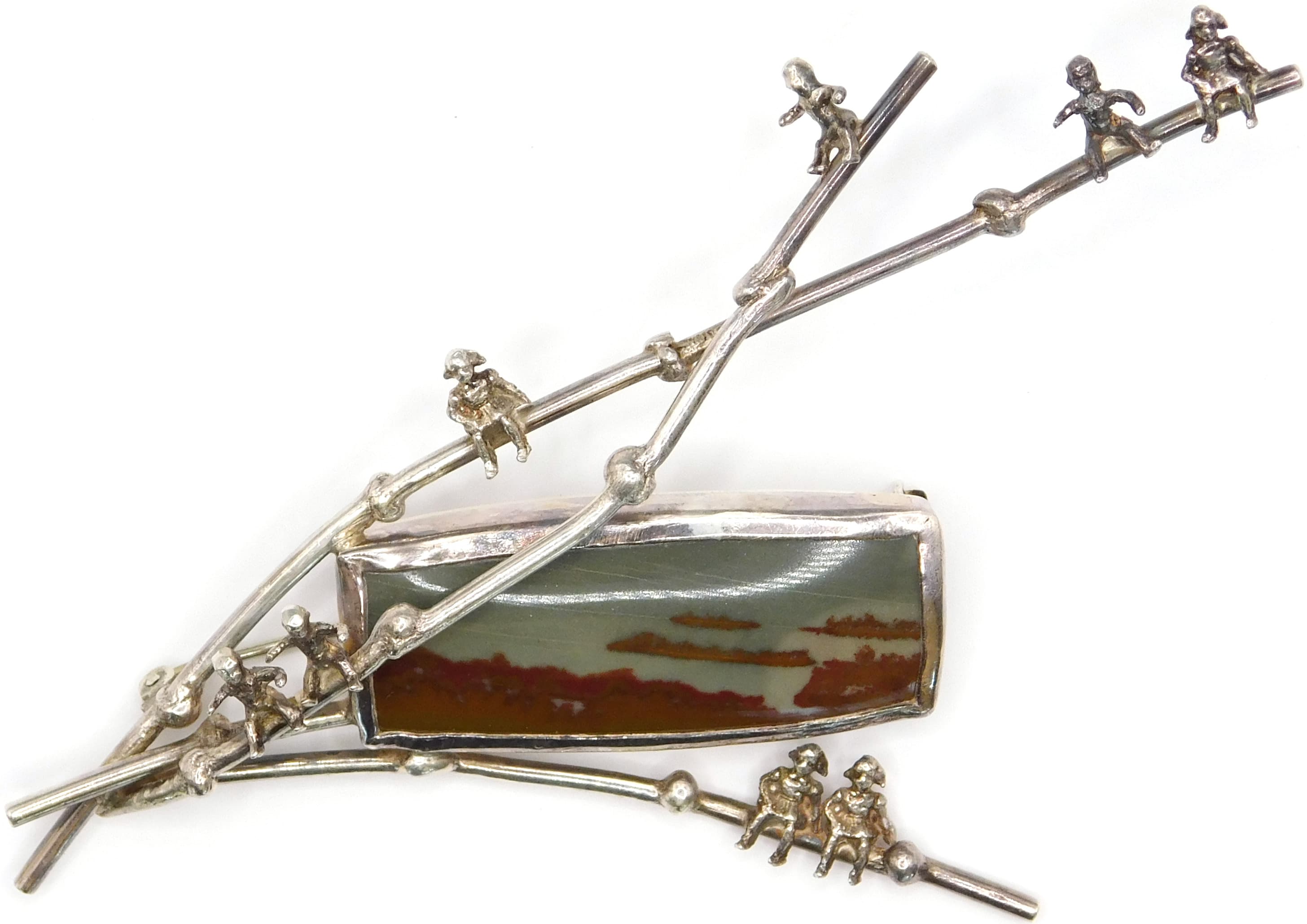 WHIMSICAL SIGNED STERLING SILVER JASPER "FAMILY TREE" BROOCH, 1960S STUDIO ART
